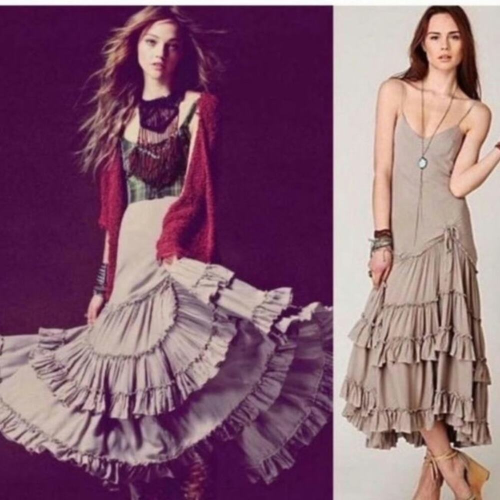 Free People Taupe Tiered Maxi Dress Spaghetti Strap Ruffle Boho Side Tie
